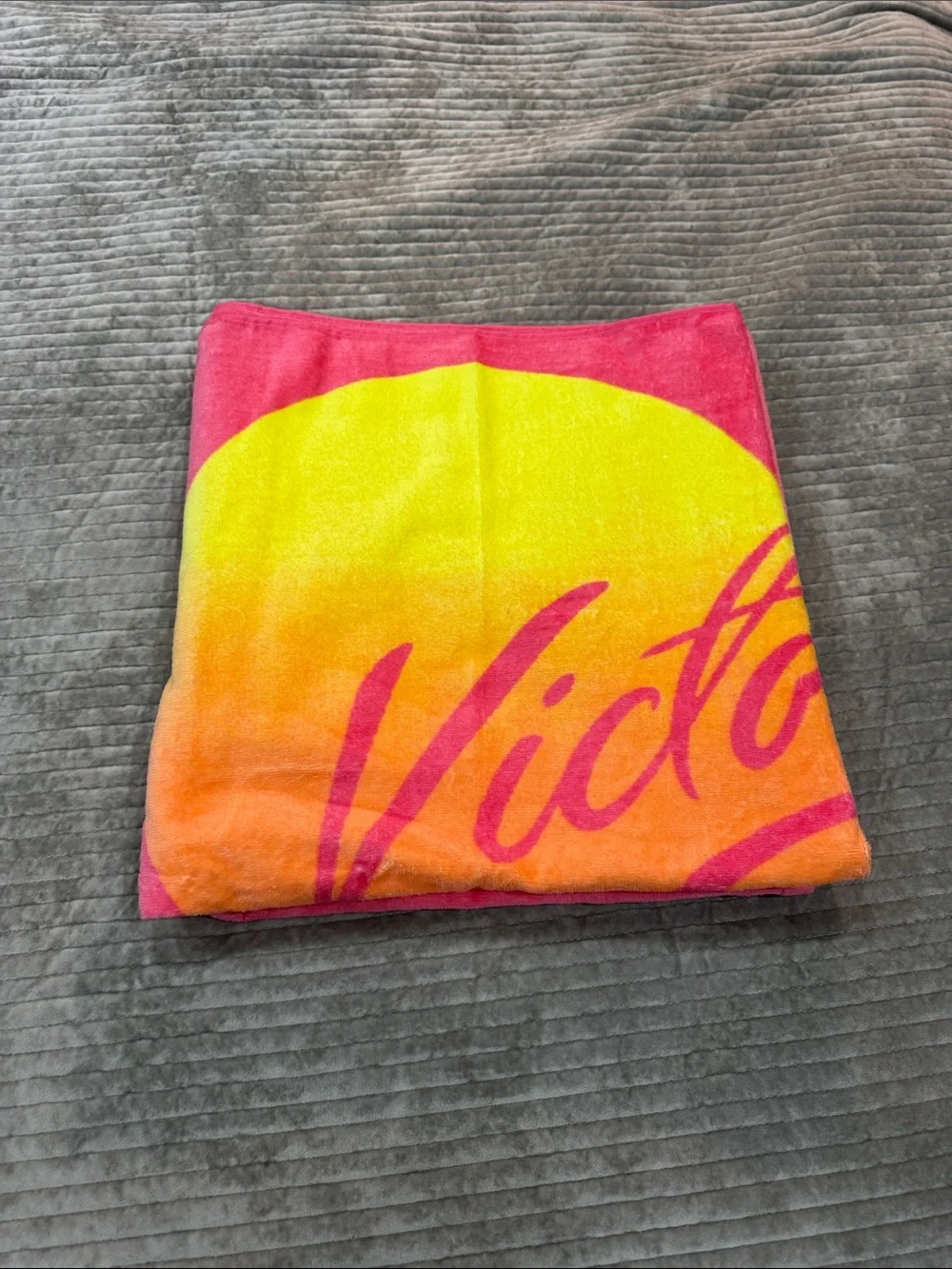Victoria's Secret Pink Beach Towel with Yellow-Orange Heart Graphic
